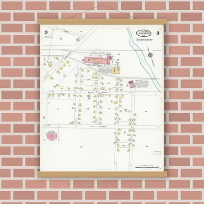 Old map wall art mockup — magnetic wood frame on brick wall — Sanborn Fire Insurance Map from Laurinburg, Scotland County, North Carolina (1924), Sheet #0009