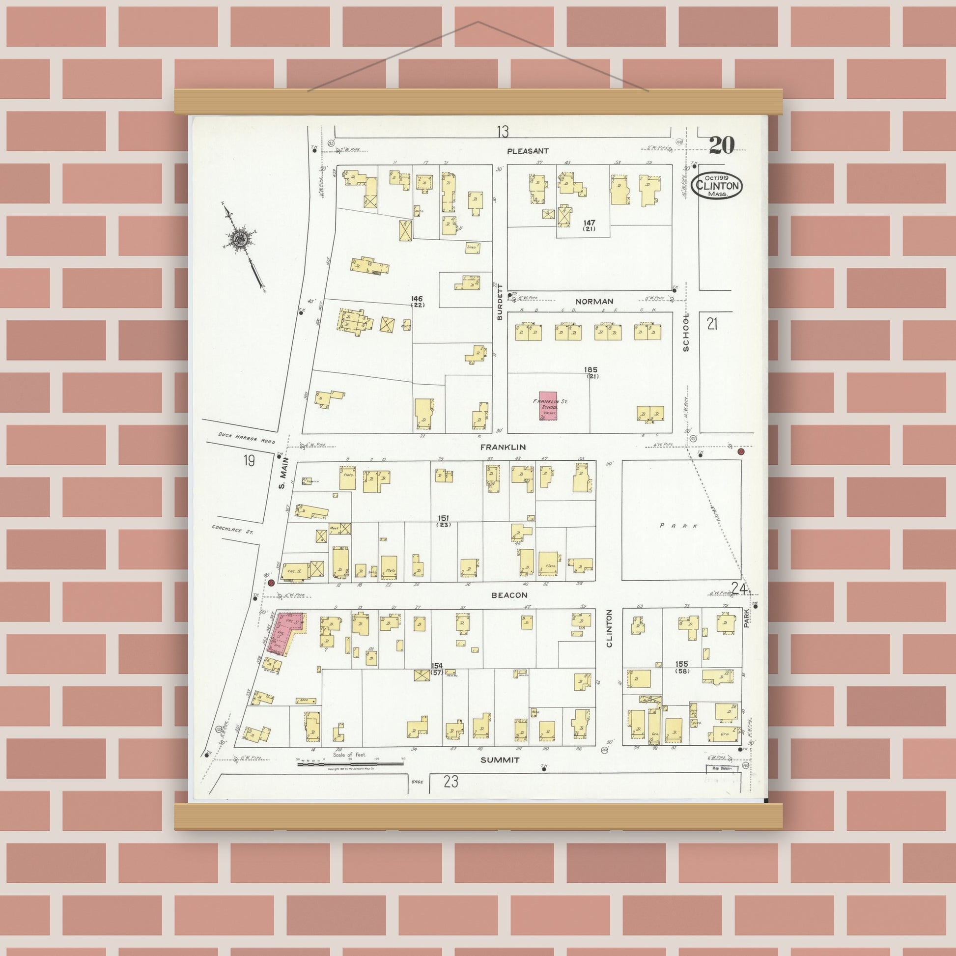 Old map wall art mockup — magnetic wood frame on brick wall — Sanborn Fire Insurance Map from Clinton, Worcester County, Massachusetts (1919), Sheet #0020