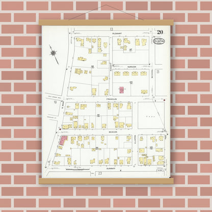Old map wall art mockup — magnetic wood frame on brick wall — Sanborn Fire Insurance Map from Clinton, Worcester County, Massachusetts (1919), Sheet #0020