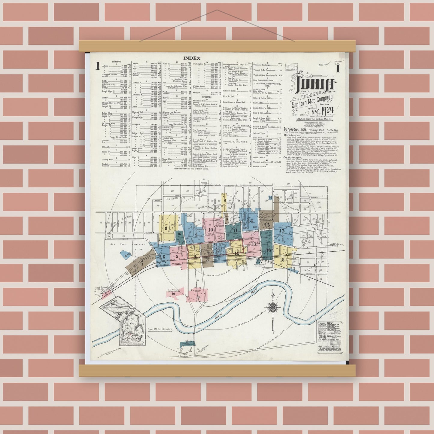 Old map wall art mockup — magnetic wood frame on brick wall — Sanborn Fire Insurance Map from Ionia, Ionia County, Michigan (1924) - Complete Map Set