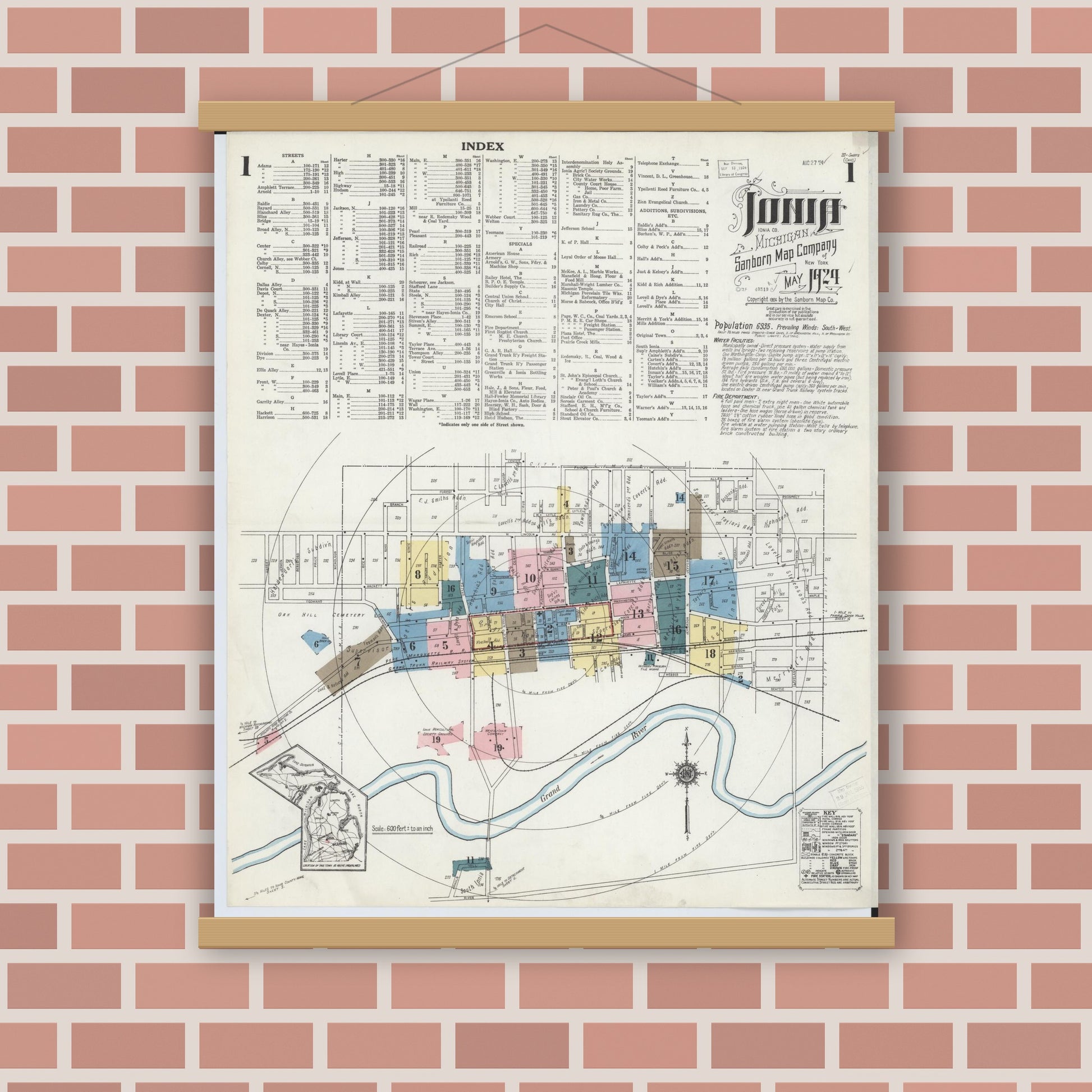Old map wall art mockup — magnetic wood frame on brick wall — Sanborn Fire Insurance Map from Ionia, Ionia County, Michigan (1924) - Complete Map Set