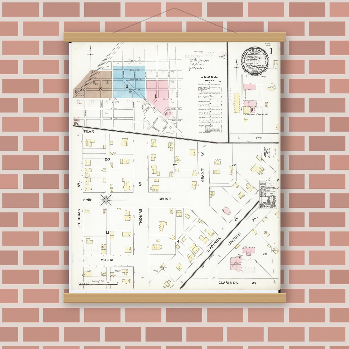 Old map wall art mockup — magnetic wood frame on brick wall — Sanborn Fire Insurance Map from Shenandoah, Page County, Iowa (1891) â€” Complete Set