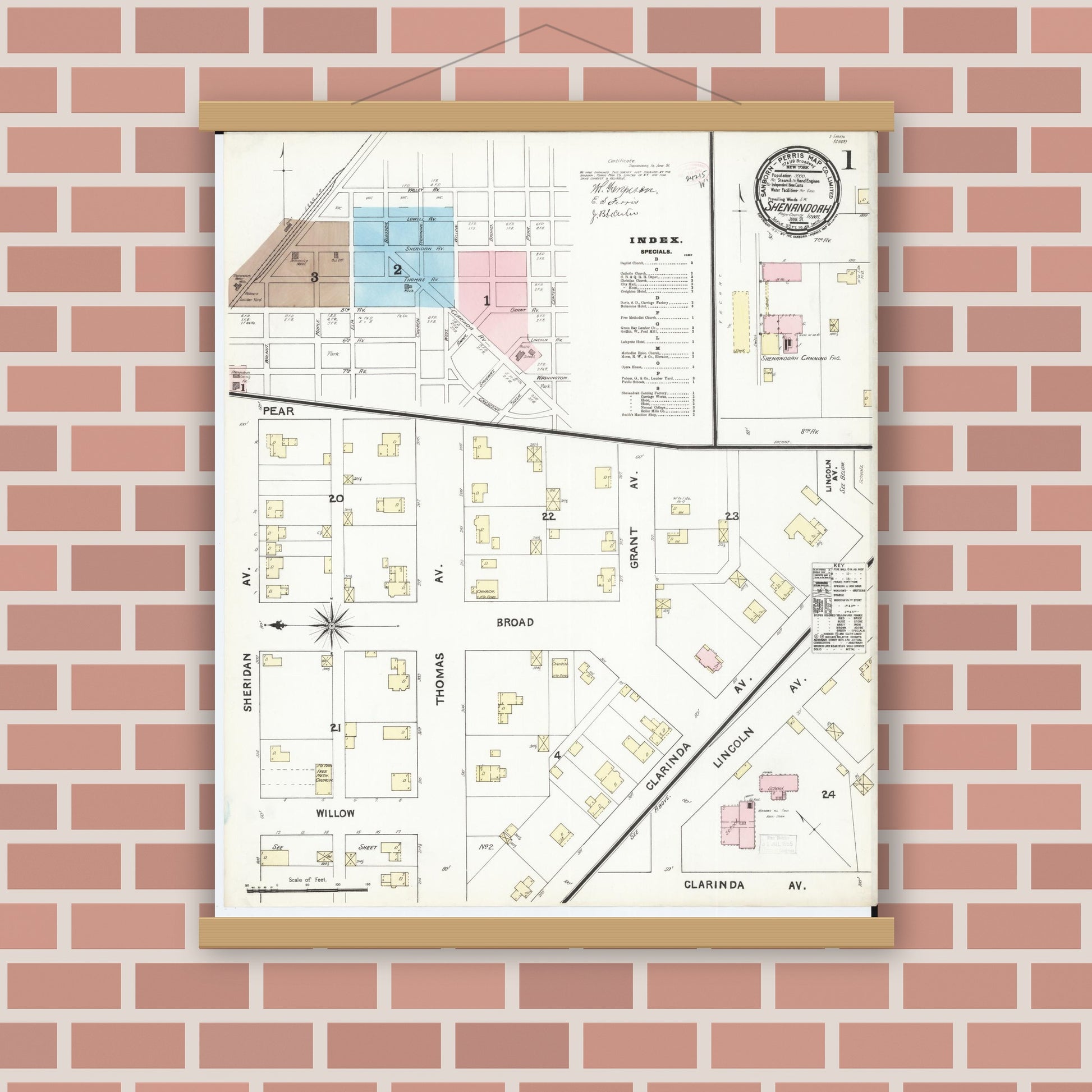 Old map wall art mockup — magnetic wood frame on brick wall — Sanborn Fire Insurance Map from Shenandoah, Page County, Iowa (1891) â€” Complete Set
