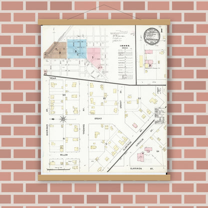 Old map wall art mockup — magnetic wood frame on brick wall — Sanborn Fire Insurance Map from Shenandoah, Page County, Iowa (1891) â€” Complete Set