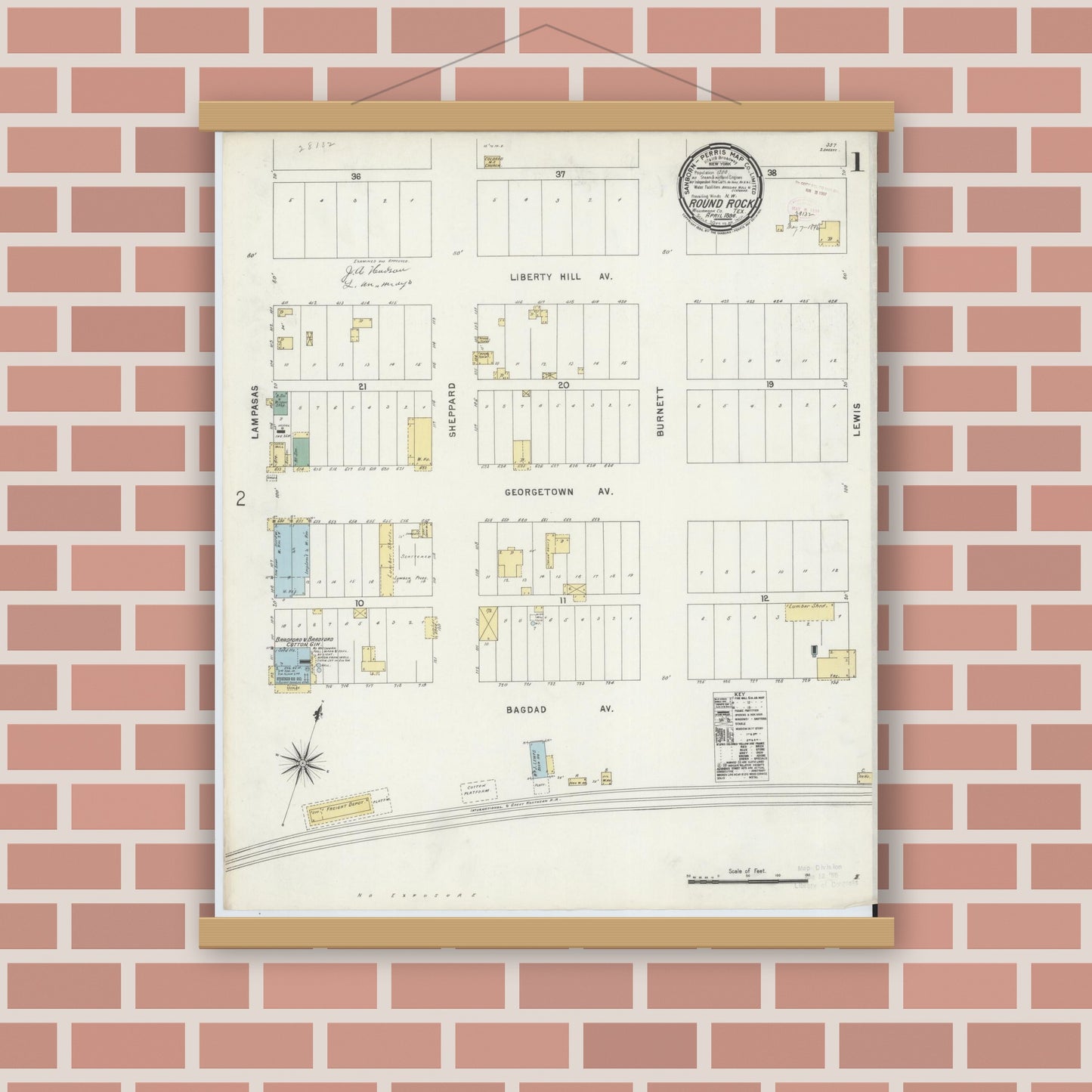 Old map wall art mockup — magnetic wood frame on brick wall — Sanborn Fire Insurance Map from Round Rock, Williamson County, Texas (1896) - Complete Map Set