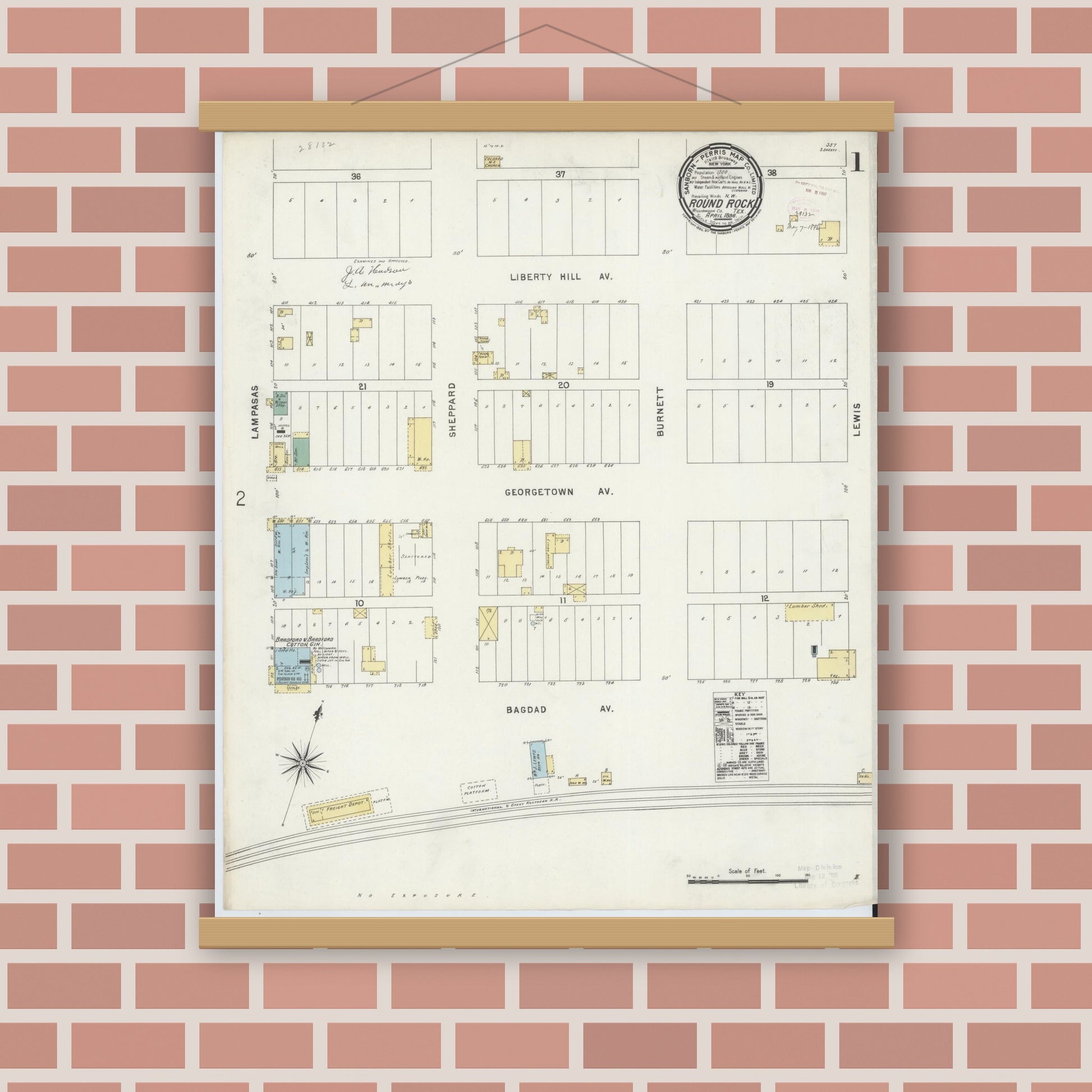 Old map wall art mockup — magnetic wood frame on brick wall — Sanborn Fire Insurance Map from Round Rock, Williamson County, Texas (1896) - Complete Map Set