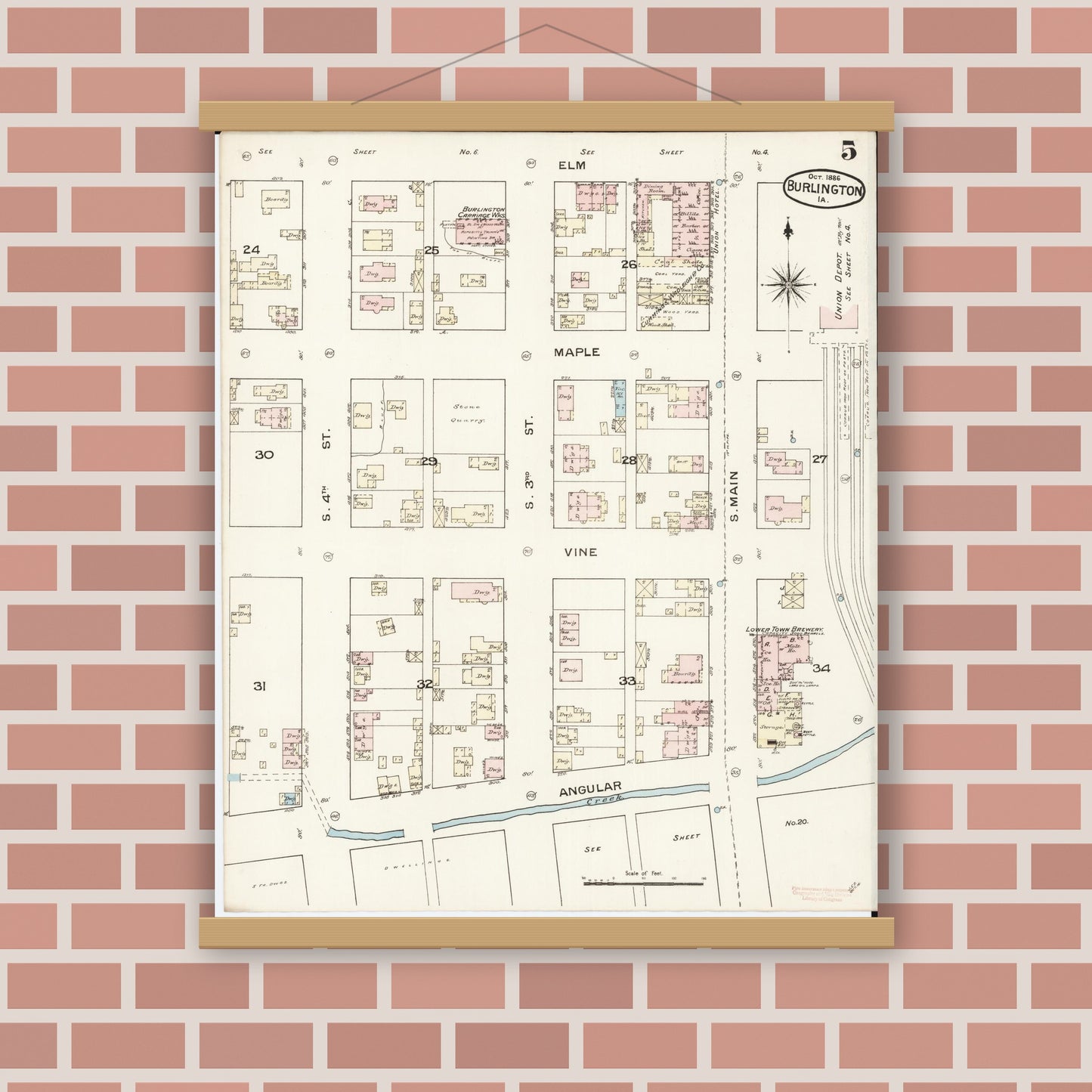 Old map wall art mockup — magnetic wood frame on brick wall — Sanborn Fire Insurance Map from Burlington, Des Moines County, Iowa (1888), Sheet #0005