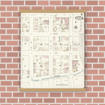 Old map wall art mockup — magnetic wood frame on brick wall — Sanborn Fire Insurance Map from Burlington, Des Moines County, Iowa (1888), Sheet #0005