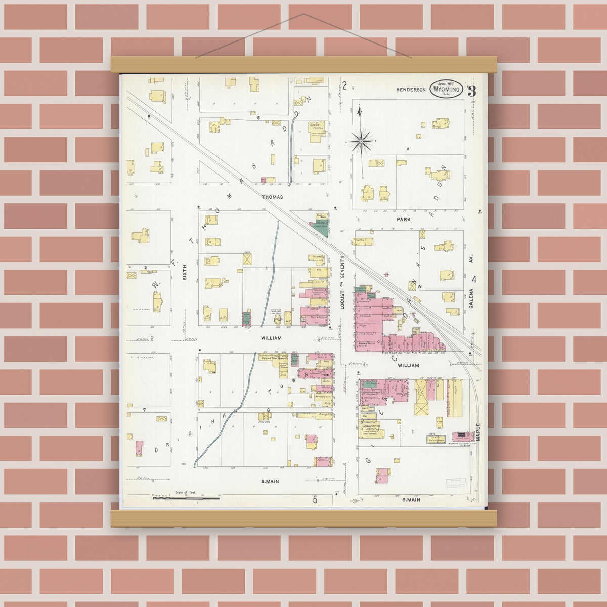 Old map wall art mockup — magnetic wood frame on brick wall — Sanborn Fire Insurance Map from Wyoming, Stark County, Illinois (1907), Sheet #0003