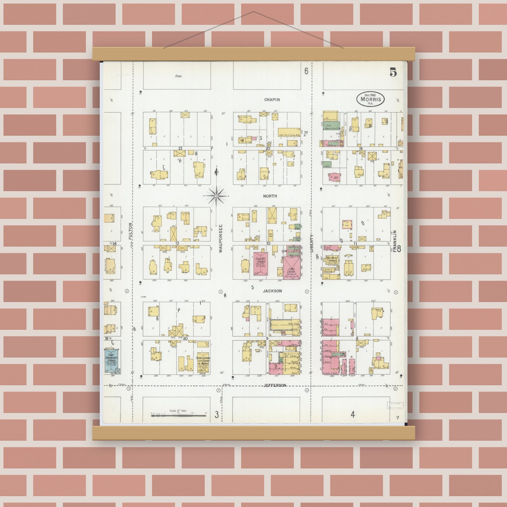 Old map wall art mockup — magnetic wood frame on brick wall — Sanborn Fire Insurance Map from Morris, Grundy County, Illinois (1900), Sheet #0005