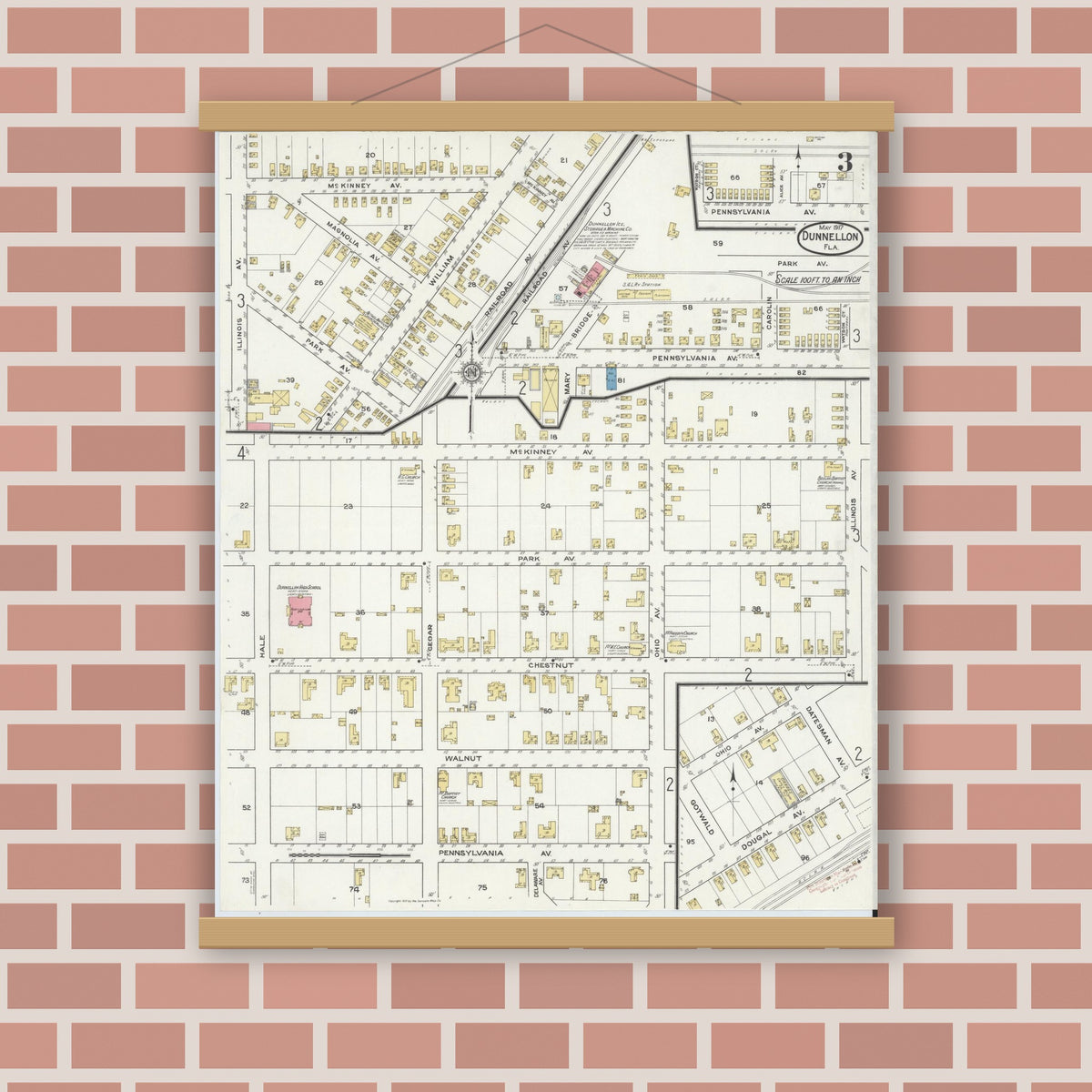 Old map wall art mockup — magnetic wood frame on brick wall — Sanborn Fire Insurance Map from Dunnellon, Marion County, Florida (1917), Sheet #0003