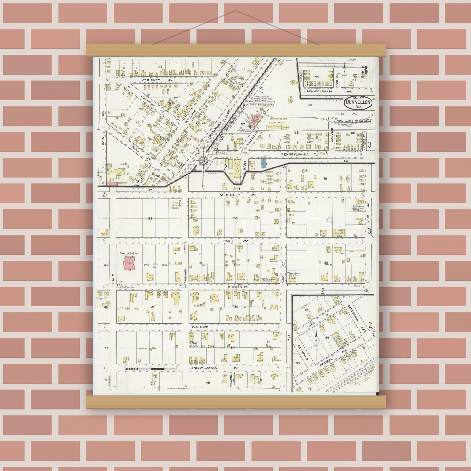 Old map wall art mockup — magnetic wood frame on brick wall — Sanborn Fire Insurance Map from Dunnellon, Marion County, Florida (1917), Sheet #0003