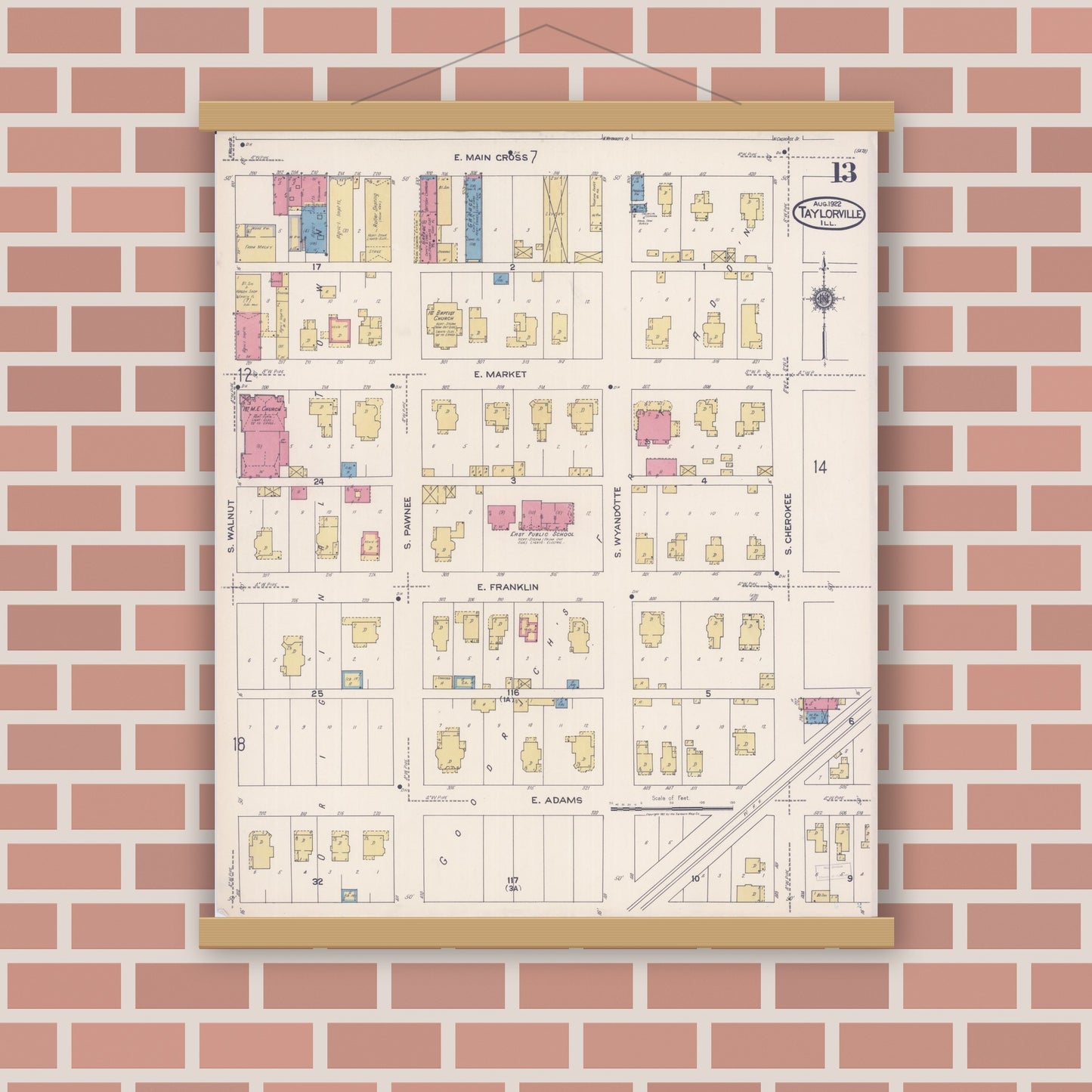 Old map wall art mockup — magnetic wood frame on brick wall — Sanborn Fire Insurance Map from Taylorville, Christian County, Illinois (1922), Sheet #0013