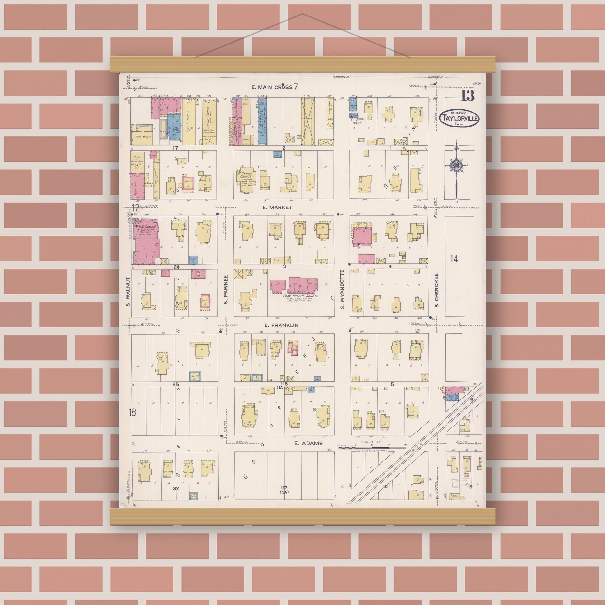 Old map wall art mockup — magnetic wood frame on brick wall — Sanborn Fire Insurance Map from Taylorville, Christian County, Illinois (1922), Sheet #0013