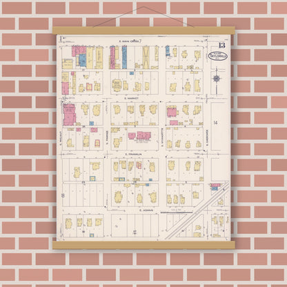 Old map wall art mockup — magnetic wood frame on brick wall — Sanborn Fire Insurance Map from Taylorville, Christian County, Illinois (1922), Sheet #0013