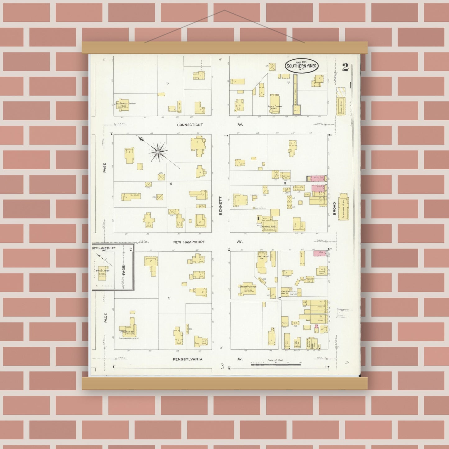 Old map wall art mockup — magnetic wood frame on brick wall — Sanborn Fire Insurance Map from Southern Pines, Moore County, North Carolina (1909), Sheet #0002