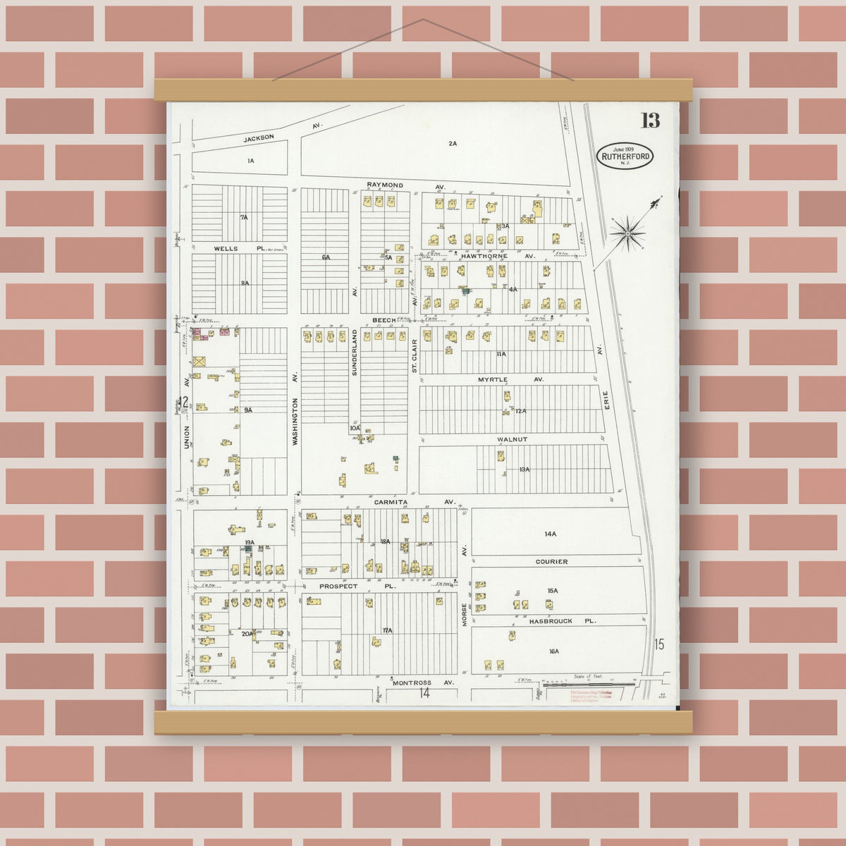 Old map wall art mockup — magnetic wood frame on brick wall — Sanborn Fire Insurance Map from Rutherford, Bergen County, New Jersey (1909), Sheet #0013