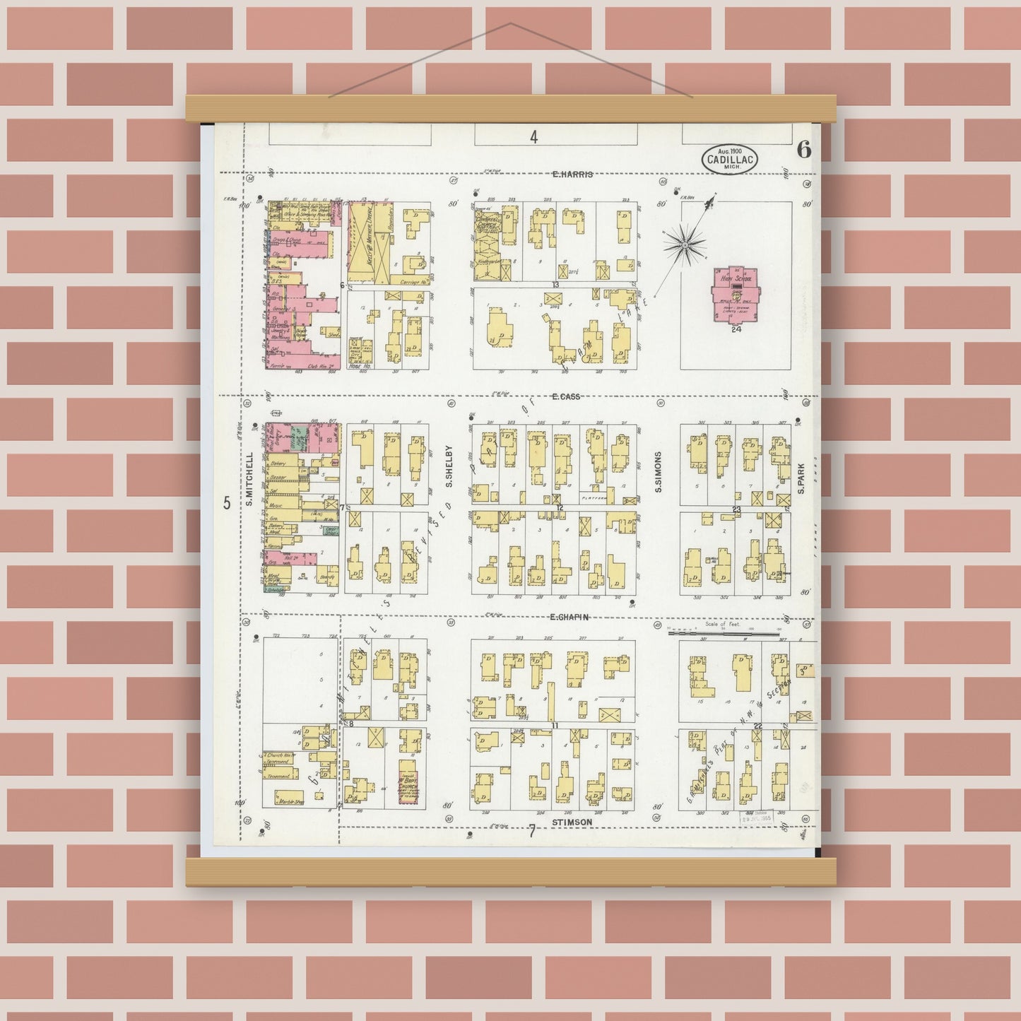Old map wall art mockup — magnetic wood frame on brick wall — Sanborn Fire Insurance Map from Cadillac, Wexford County, Michigan (1900), Sheet #0006