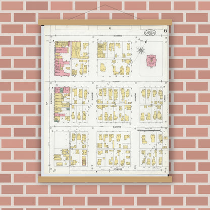 Old map wall art mockup — magnetic wood frame on brick wall — Sanborn Fire Insurance Map from Cadillac, Wexford County, Michigan (1900), Sheet #0006