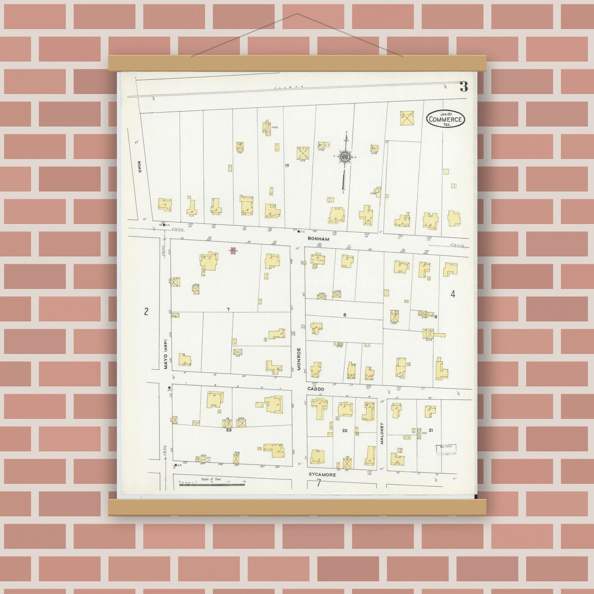 Old map wall art mockup — magnetic wood frame on brick wall — Sanborn Fire Insurance Map from Commerce, Hunt County, Texas (1911), Sheet #0003