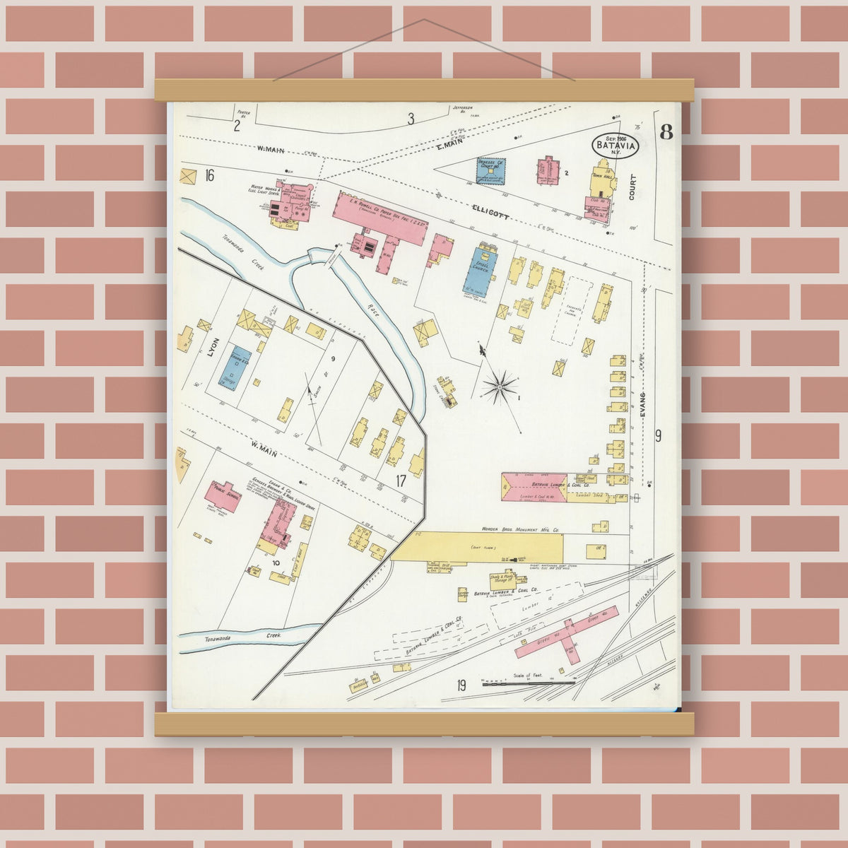 Old map wall art mockup — magnetic wood frame on brick wall — Sanborn Fire Insurance Map from Batavia, Genesee County, New York (1906), Sheet #0008