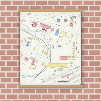 Old map wall art mockup — magnetic wood frame on brick wall — Sanborn Fire Insurance Map from Batavia, Genesee County, New York (1906), Sheet #0008