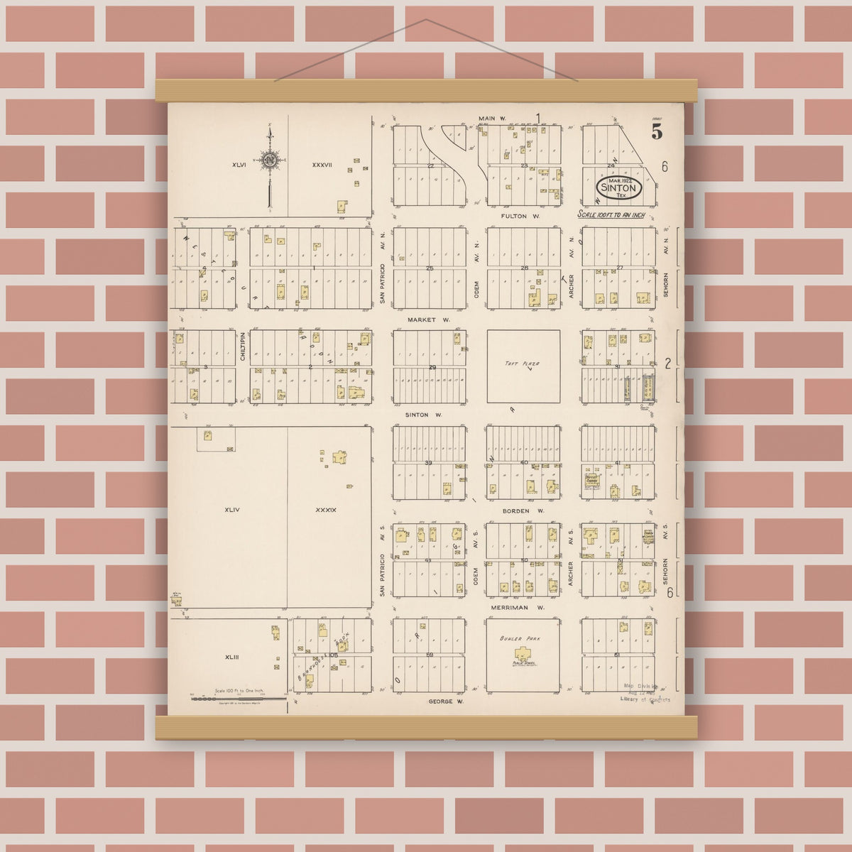 Old map wall art mockup — magnetic wood frame on brick wall — Sanborn Fire Insurance Map from Sinton, San Patricio County, Texas (1922), Sheet #0005