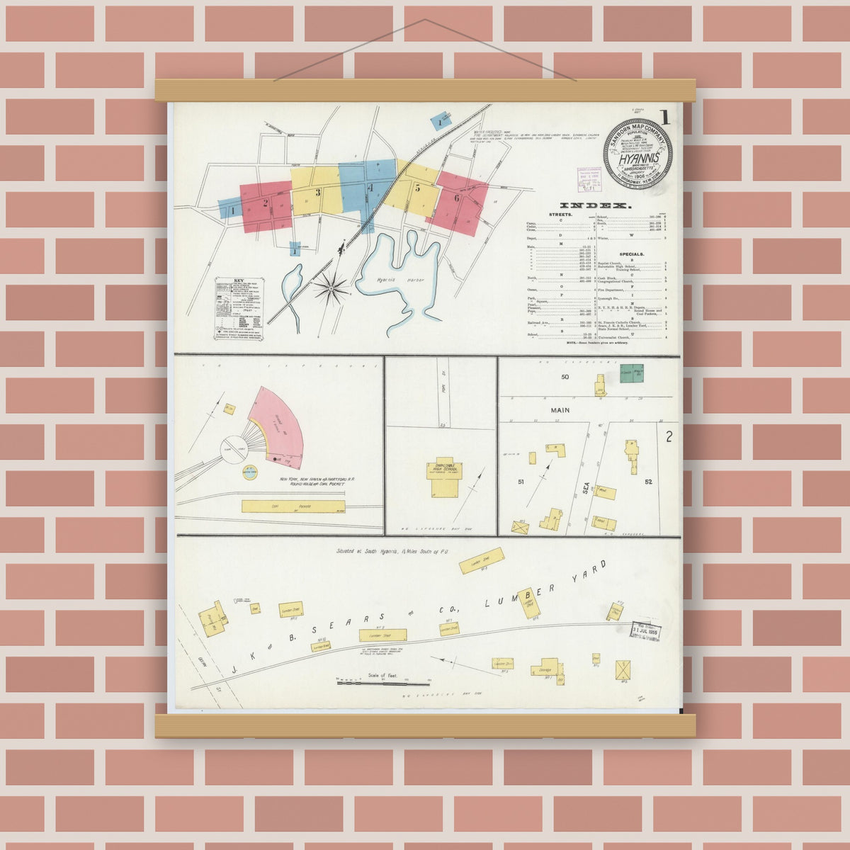 Old map wall art mockup — magnetic wood frame on brick wall — Sanborn Fire Insurance Map from Hyannis, Barnstable County, Massachusetts (1906) - Complete Map Set
