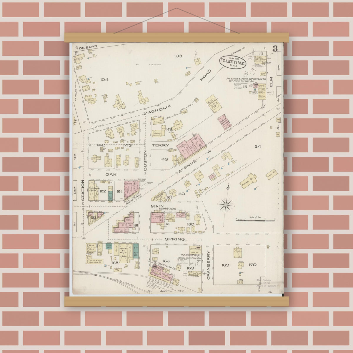 Old map wall art mockup — magnetic wood frame on brick wall — Sanborn Fire Insurance Map from Palestine, Anderson County, Texas (1885), Sheet #0003