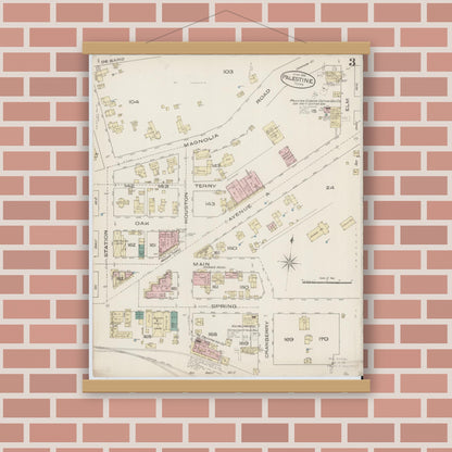 Old map wall art mockup — magnetic wood frame on brick wall — Sanborn Fire Insurance Map from Palestine, Anderson County, Texas (1885), Sheet #0003