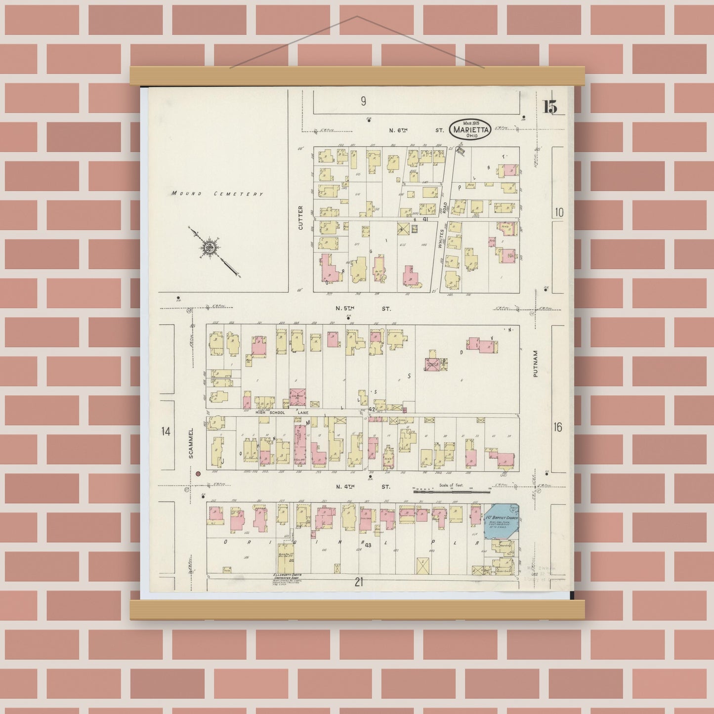 Old map wall art mockup — magnetic wood frame on brick wall — Sanborn Fire Insurance Map from Marietta, Washington County, Ohio (1915), Sheet #0015