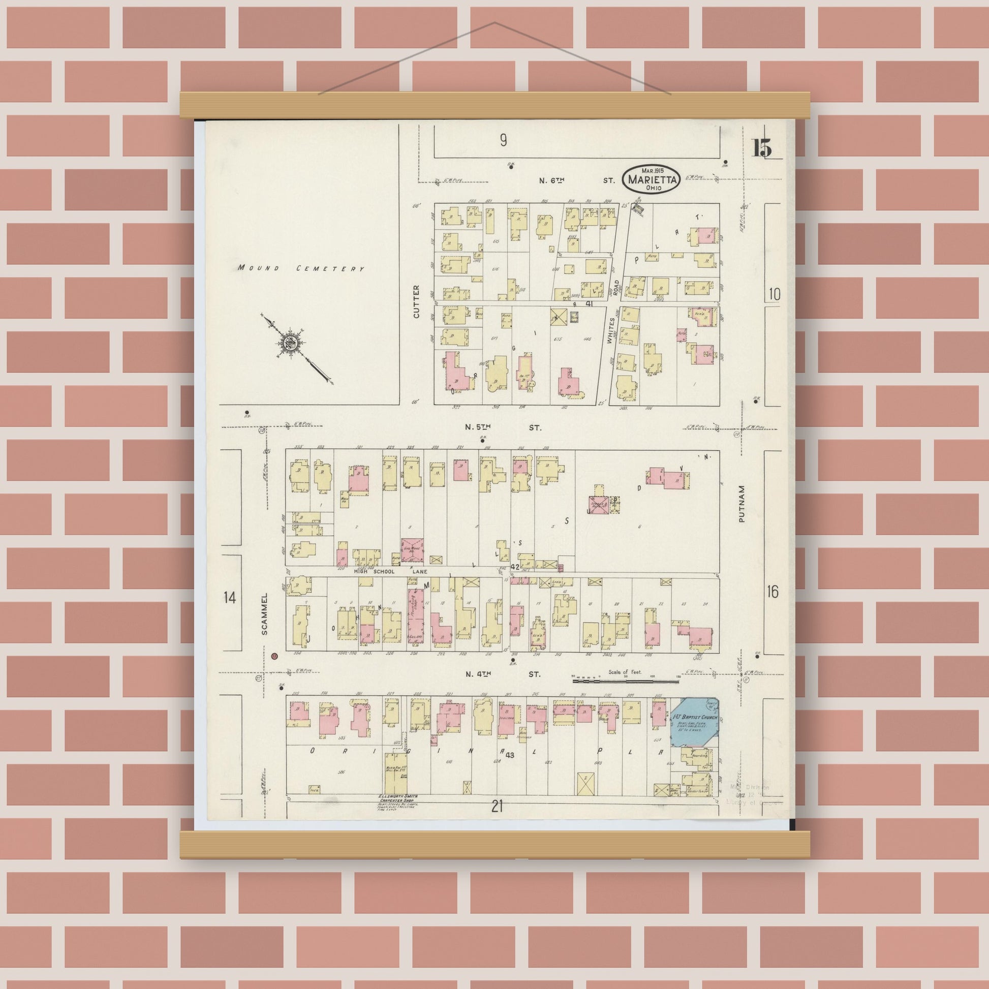 Old map wall art mockup — magnetic wood frame on brick wall — Sanborn Fire Insurance Map from Marietta, Washington County, Ohio (1915), Sheet #0015