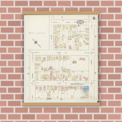 Old map wall art mockup — magnetic wood frame on brick wall — Sanborn Fire Insurance Map from Marietta, Washington County, Ohio (1915), Sheet #0015