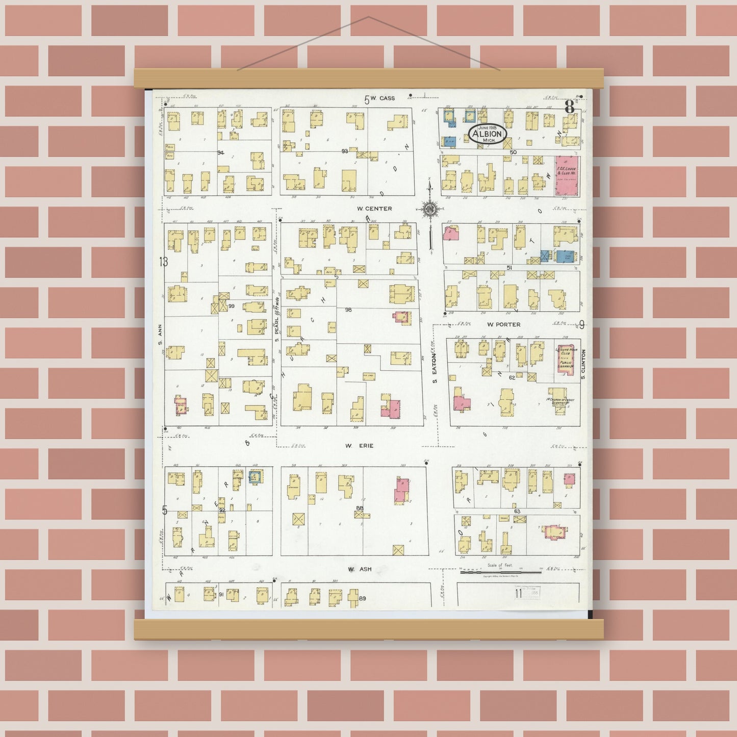 Old map wall art mockup — magnetic wood frame on brick wall — Sanborn Fire Insurance Map from Albion, Calhoun County, Michigan (1918), Sheet #0008