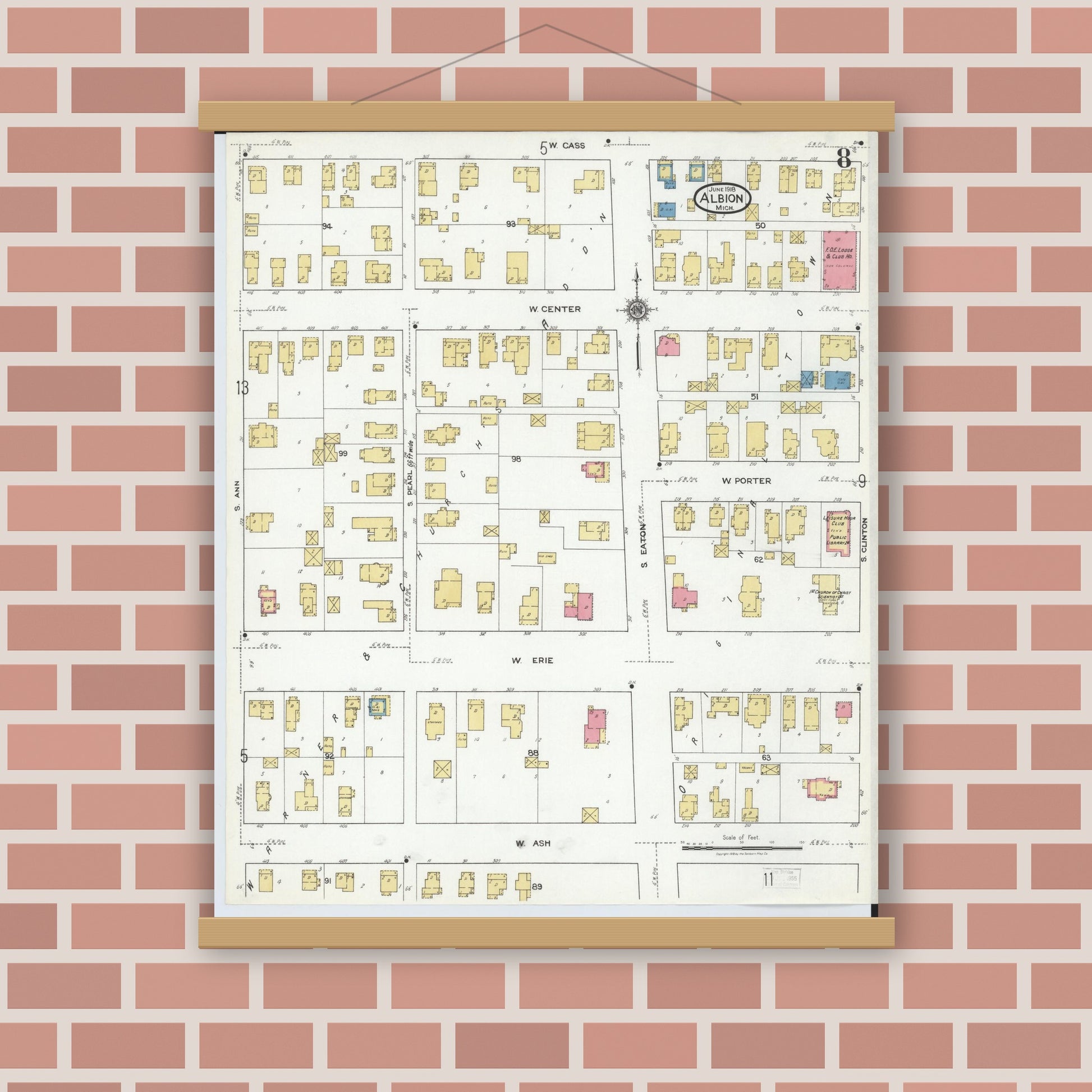 Old map wall art mockup — magnetic wood frame on brick wall — Sanborn Fire Insurance Map from Albion, Calhoun County, Michigan (1918), Sheet #0008