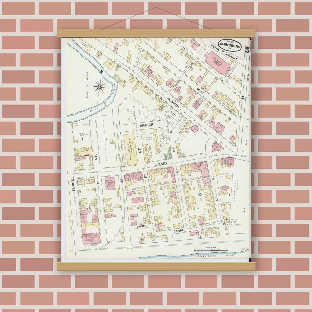 Old map wall art mockup — magnetic wood frame on brick wall — Sanborn Fire Insurance Map from Sharpsburg, Allegheny County, Pennsylvania (1891), Sheet #0005