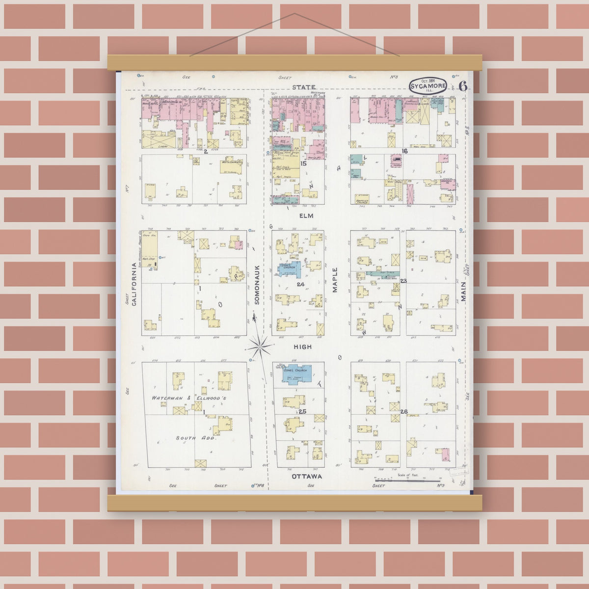 Old map wall art mockup — magnetic wood frame on brick wall — Sanborn Fire Insurance Map from Sycamore, De Kalb County, Illinois (1891), Sheet #0006
