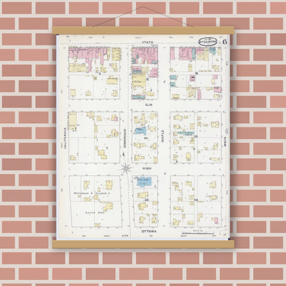 Old map wall art mockup — magnetic wood frame on brick wall — Sanborn Fire Insurance Map from Sycamore, De Kalb County, Illinois (1891), Sheet #0006