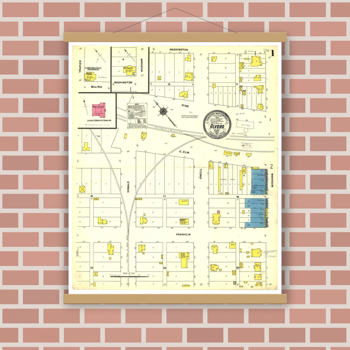 Old map wall art mockup — magnetic wood frame on brick wall — Sanborn Fire Insurance Map from Alvord, Wise County, Texas (1911), Sheet #0001