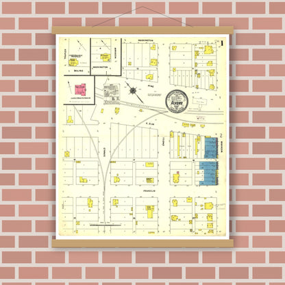 Old map wall art mockup — magnetic wood frame on brick wall — Sanborn Fire Insurance Map from Alvord, Wise County, Texas (1911), Sheet #0001