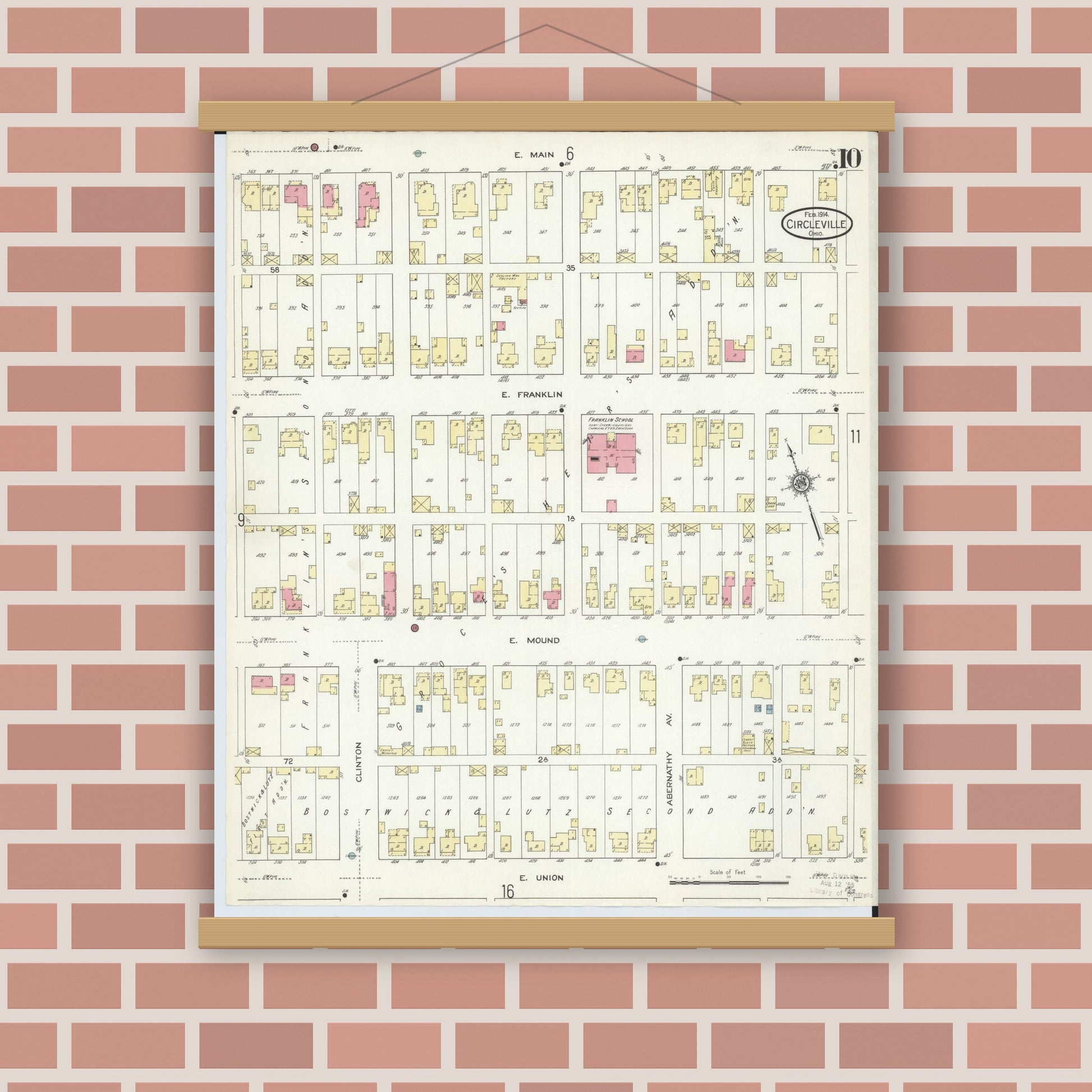 Old map wall art mockup — magnetic wood frame on brick wall — Sanborn Fire Insurance Map from Circleville, Pickaway County, Ohio (1914), Sheet #0010