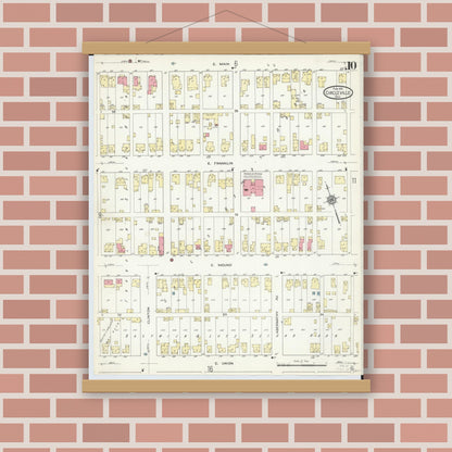 Old map wall art mockup — magnetic wood frame on brick wall — Sanborn Fire Insurance Map from Circleville, Pickaway County, Ohio (1914), Sheet #0010
