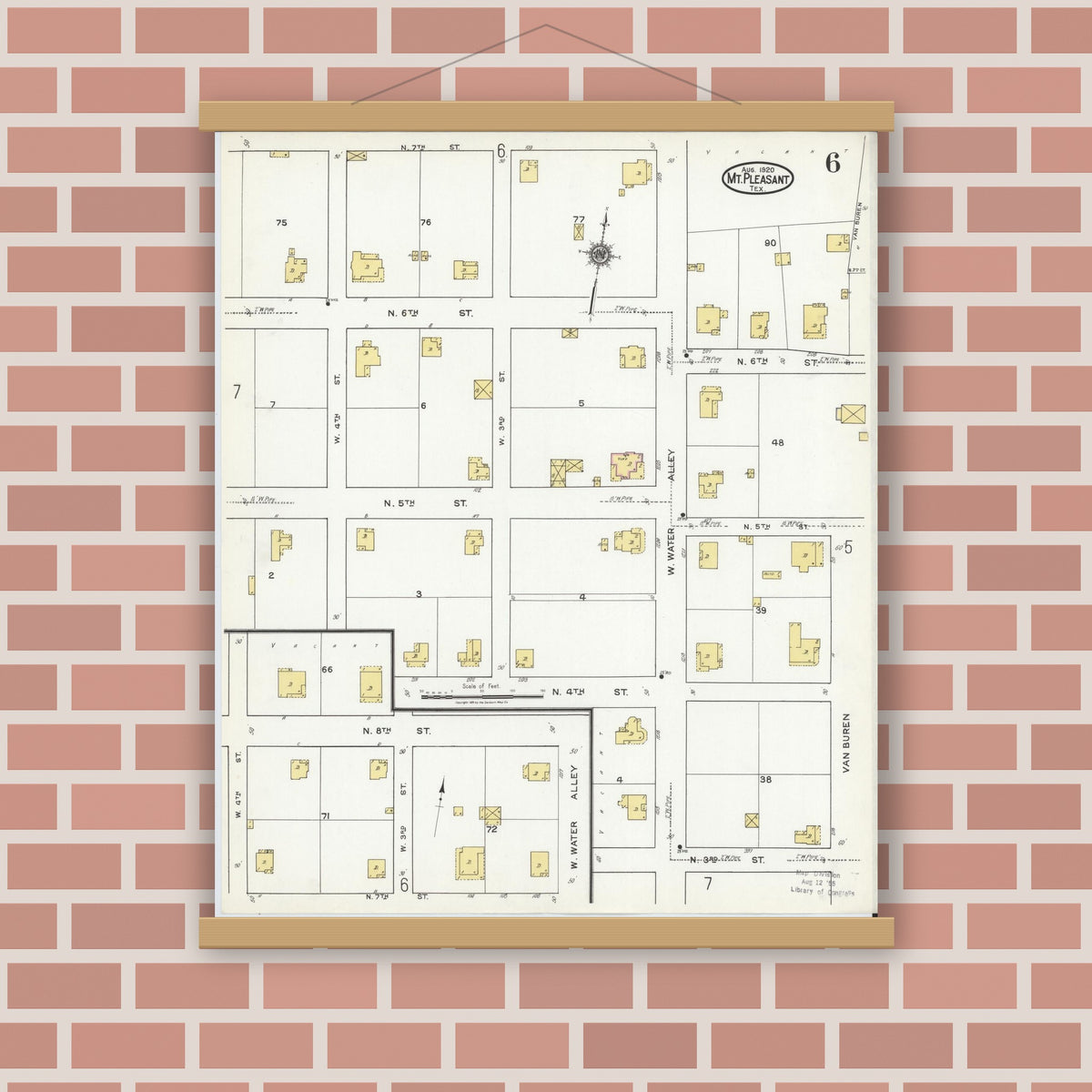 Old map wall art mockup — magnetic wood frame on brick wall — Sanborn Fire Insurance Map from Mount Pleasant, Titus County, Texas (1920), Sheet #0006