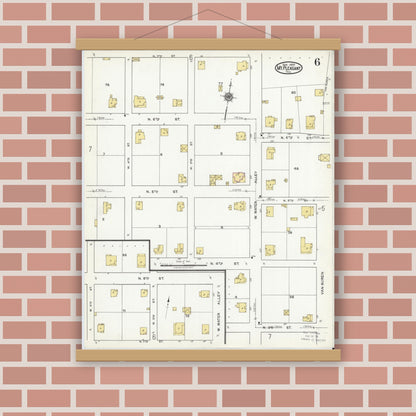 Old map wall art mockup — magnetic wood frame on brick wall — Sanborn Fire Insurance Map from Mount Pleasant, Titus County, Texas (1920), Sheet #0006