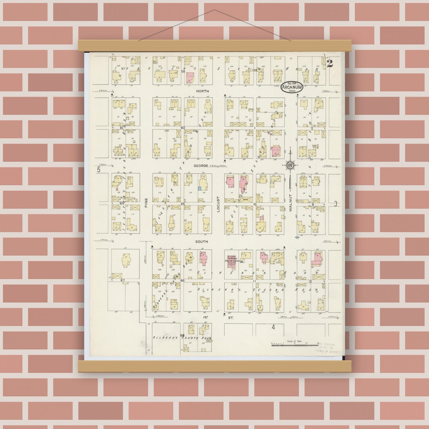 Old map wall art mockup — magnetic wood frame on brick wall — Sanborn Fire Insurance Map from Arcanum, Darke County, Ohio (1914), Sheet #0002