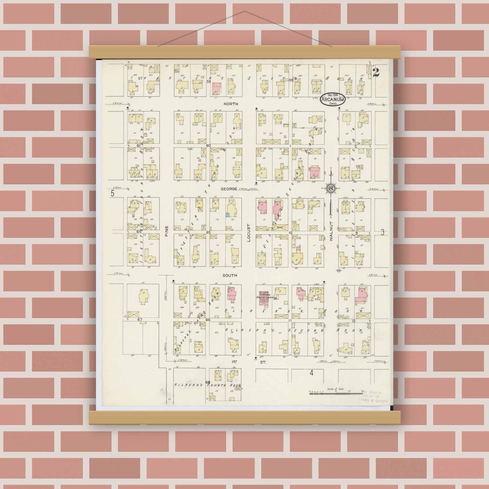 Old map wall art mockup — magnetic wood frame on brick wall — Sanborn Fire Insurance Map from Arcanum, Darke County, Ohio (1914), Sheet #0002