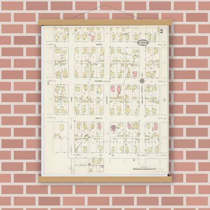 Old map wall art mockup — magnetic wood frame on brick wall — Sanborn Fire Insurance Map from Arcanum, Darke County, Ohio (1914), Sheet #0002