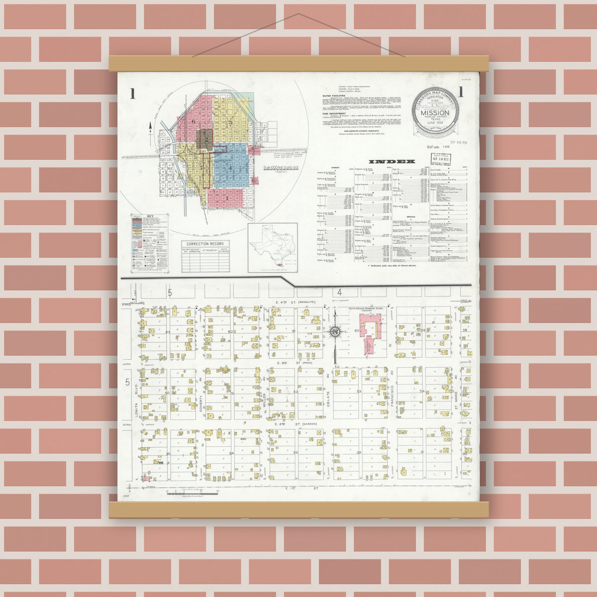 Old map wall art mockup — magnetic wood frame on brick wall — Sanborn Fire Insurance Map from Mission, Hidalgo County, Texas (1933), Sheet #0001
