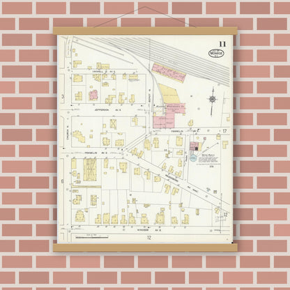 Old map wall art mockup — magnetic wood frame on brick wall — Sanborn Fire Insurance Map from Monroe, Union County, North Carolina (1914), Sheet #0011