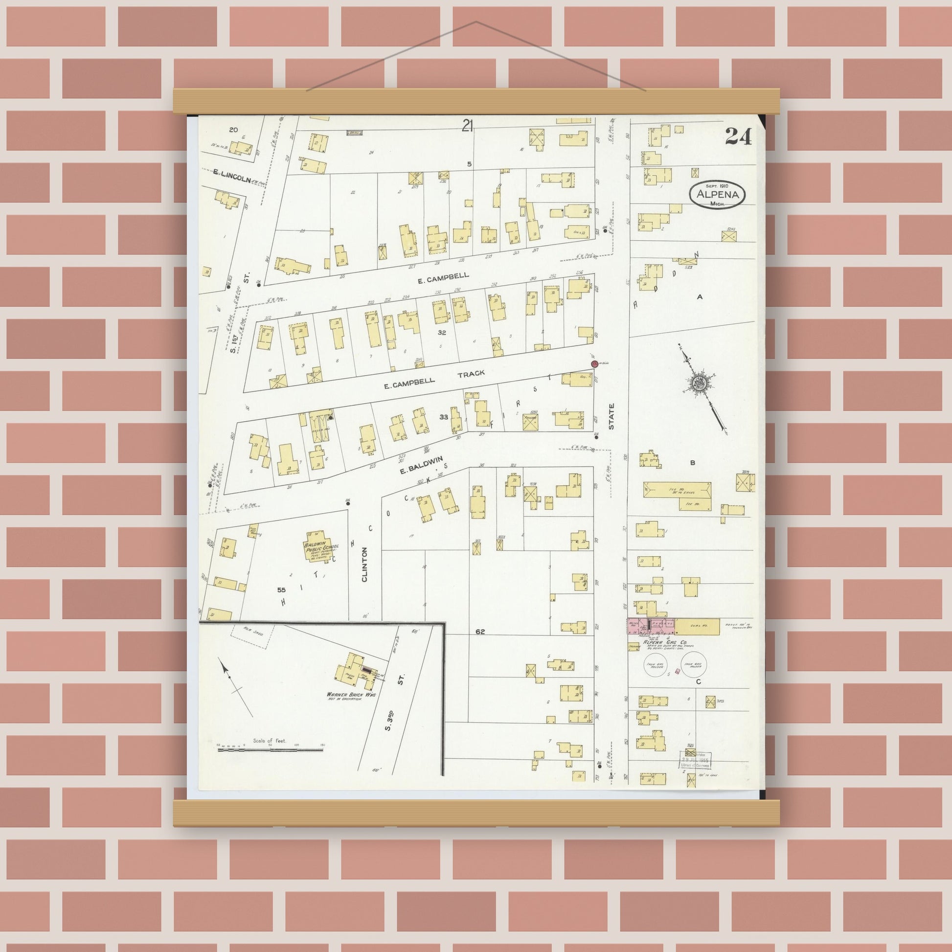 Old map wall art mockup — magnetic wood frame on brick wall — Sanborn Fire Insurance Map from Alpena, Alpena County, Michigan (1910), Sheet #0024